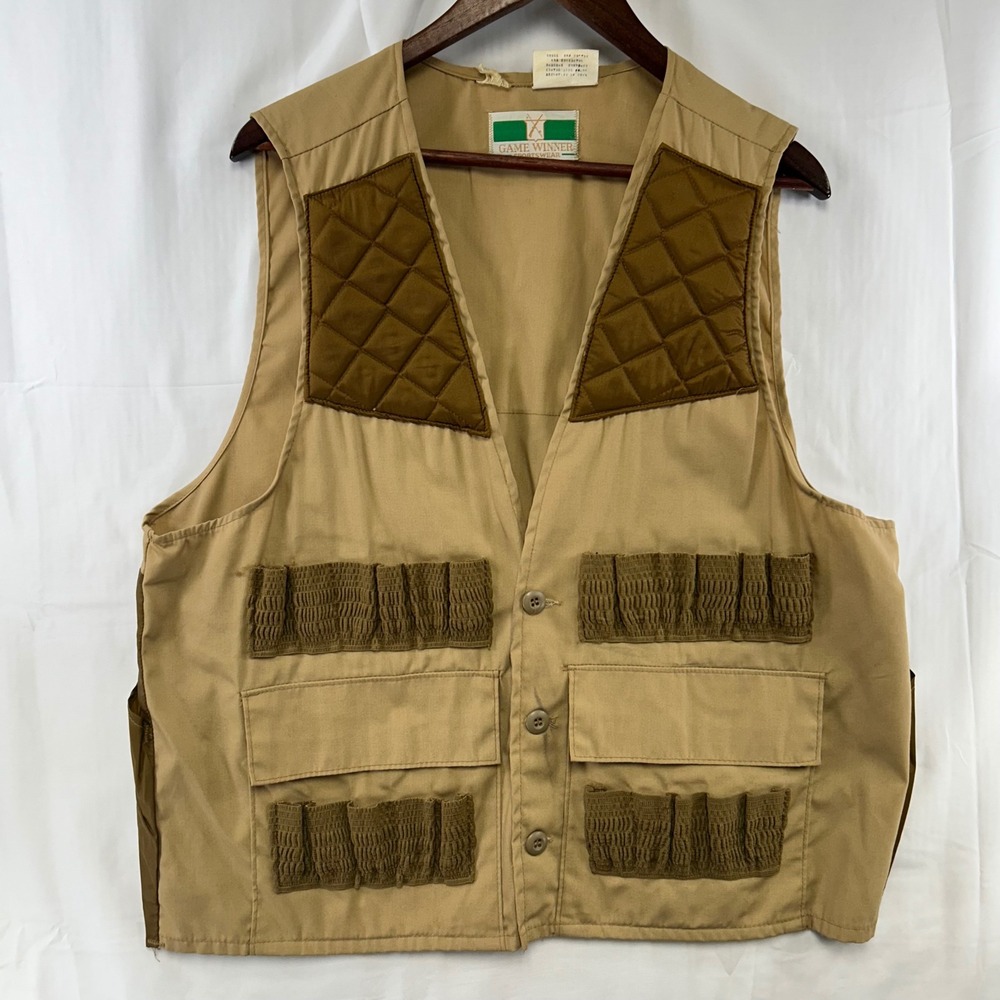 Game Winner Hunting Vest Mens Large Tan Brown Quilted Utility Shell Loops VTG
